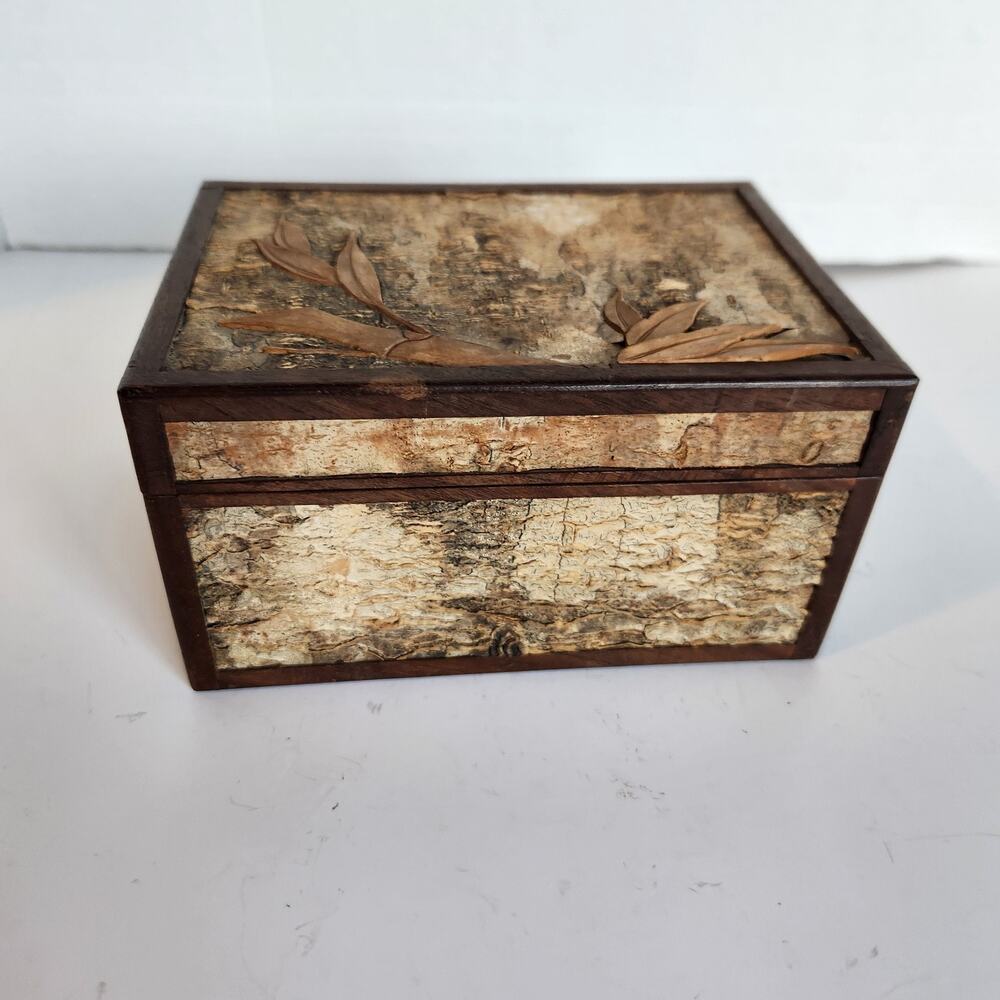 Old Wood Box Art Deco Art Nouveau Handcarved Lidded Textured Bark & Wood Inlay